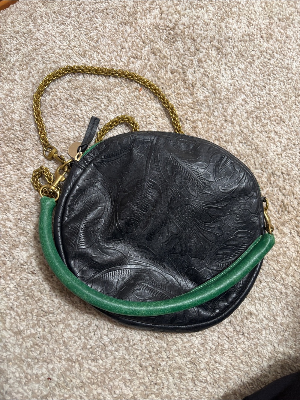Clare V Black Embossed Round Crossbody Bag with Green Top Handle